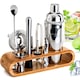 Set de Barman Pentru Bauturi, RorAem, Cocktail Shaker 750 ml, Set shaker pentru cocktailuri cu 10 piese, 750ml, inox, suport din bambus, set de Barman cu retete de cocktailuri