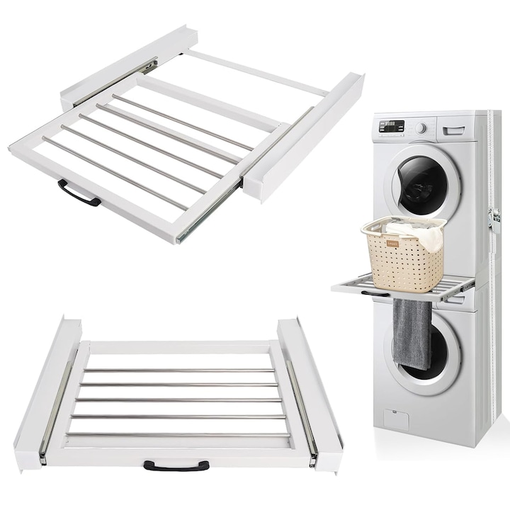 Kit suprapunere uscator si masina, JFYU, Kit de suprapunere pentru masina de suport retractabil, Kit universal de suprapunere pentru masini de spalat si uscatoare de suport de uscare retractabil, Argintiu