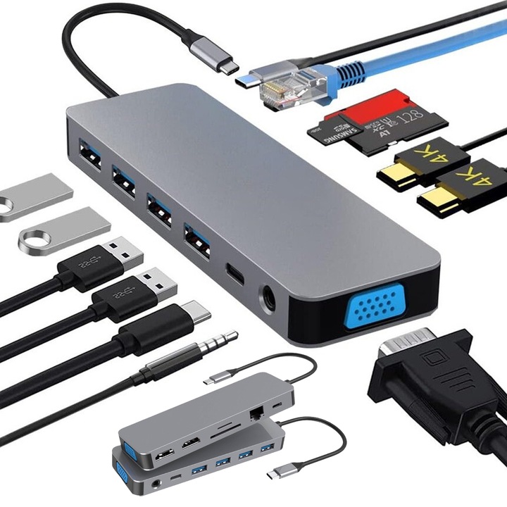 USB C докинг станция, JFYU, 13 в 1, 2 HDMI, VGA, 4 USB, 100W PD, 1000Mbps, SD/TF четец, 3,5 мм аудио жак, Gigabit Ethernet