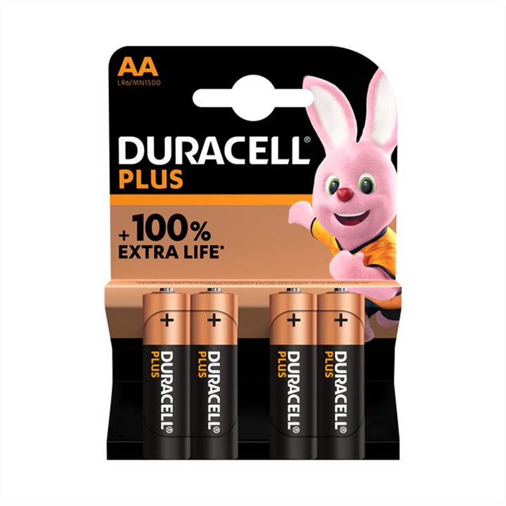 Set 4 baterii, Duracell Alkaline Plus, AA, multicolor