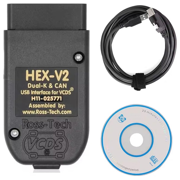 Autódiagnosztikai eszköz, Hggzeg, VAG-COM VCDS diagnosztika Volkswagen, Audi, Skoda és Seat FULL Activa Hex V2, USB kábel mellékelve, látható LED, román és angol nyelvű, OUYLAF, fekete