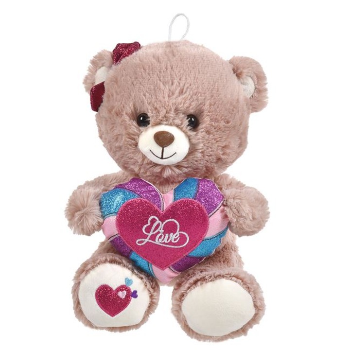 Jucarie de plus Antbro® ursulet de culoare bej deschis, cu inima fucsia cu glitter pe labuta, fundita fucsia si inima multicolora cu glitter, 30 cm