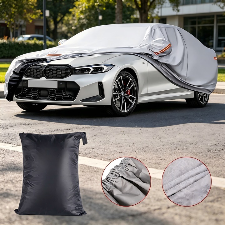 Prelata Auto Premium, Prelata Auto Premium cu 6 Straturi, Impermeabila, Protectie UV, Praf, Zapada, cu Benzi Reflectorizante, Buzunare Oglinzi, Fermoar Usa Sofer, Pentru Sedan, 530 x 200 x 150cm, Argintiu