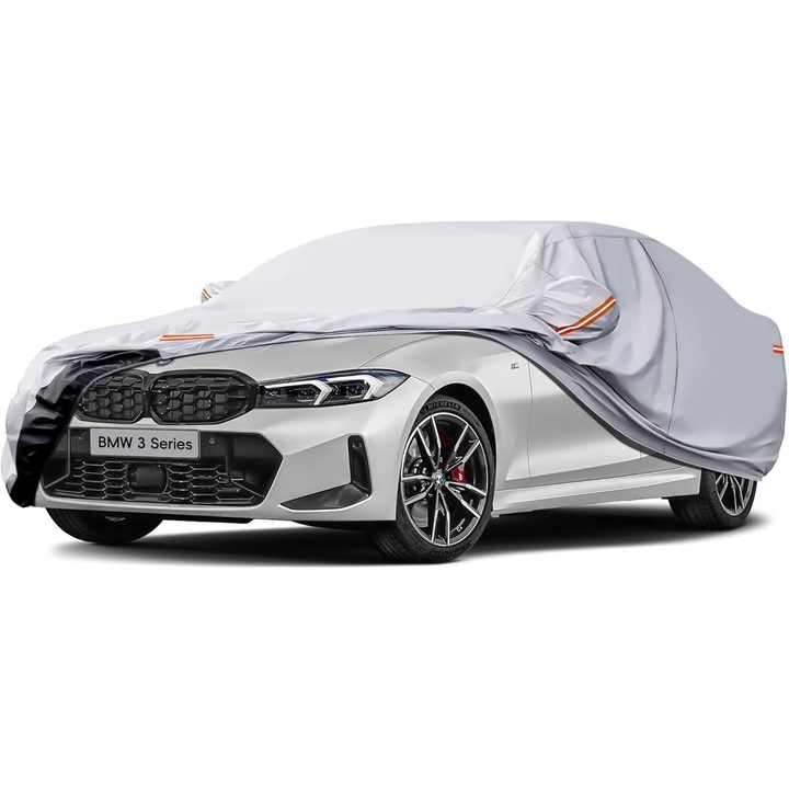 Prémium autóhuzat, JFYU, vízálló, UV védelem, por, hó, fényvisszaverő csíkokkal, tükör zsebekkel, vezetőajtó cipzárral, szedánhoz, 460 x 180 x 150 cm, ezüst