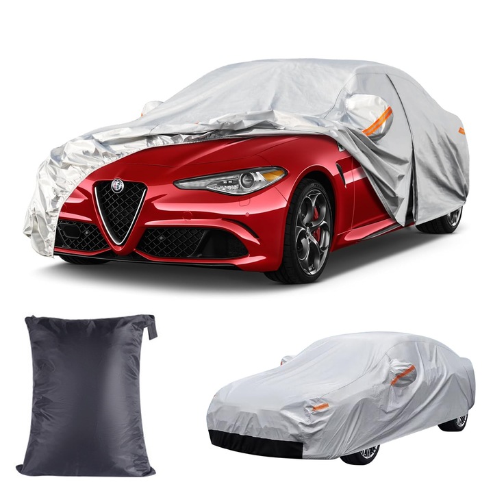Prelata Auto Premium, JFYU, Impermeabila, Protectie UV, Praf, Zapada, cu Benzi Reflectorizante, Buzunare Oglinzi, Fermoar Usa Sofer, Pentru Sedan, 440 x 175 x 150cm, Argintiu