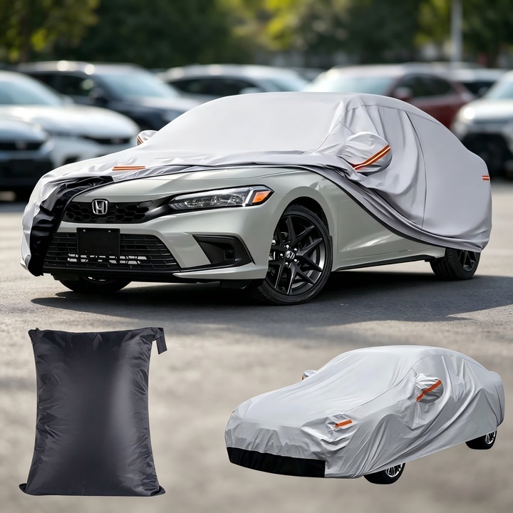 Prelata Auto Premium, Prelata Auto Premium cu 6 Straturi, Impermeabila, Protectie UV, Praf, Zapada, cu Benzi Reflectorizante, Buzunare Oglinzi, Fermoar Usa Sofer, Pentru Sedan, 480 x 190 x 150cm, Argintiu