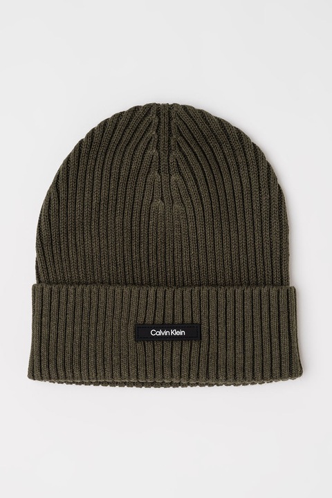 CALVIN KLEIN, Caciula din amestec de bumbac organic cu aplicatie logo, Verde inchis