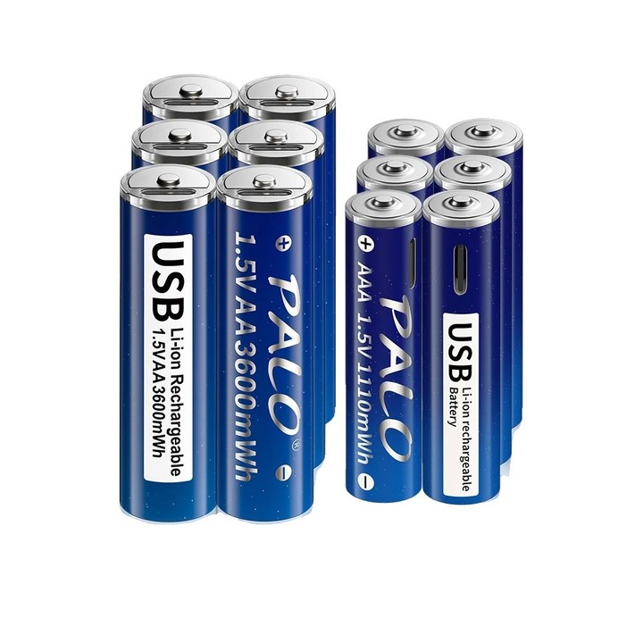 Set 12 baterii reincarcabile, Palo, 1.5V, 6xAA, 6xAAA, 3600mWh/1110mWh, Albastru