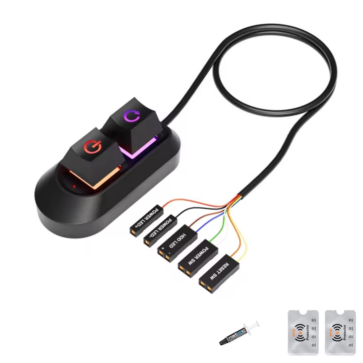 Mechanikus gomb, 2 méteres hosszabbító kábel, RGB, alaphelyzetbe állítás/be-/kikapcsolás PC, asztali számítógép, játék, fekete, 2 Rfid védelem, Nantec Paste 1g, UnderShop
