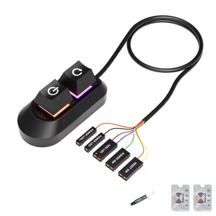 Mechanikus gomb, 2 méteres hosszabbító kábel, reset/be-/kikapcsolás PC, asztali számítógép, gamer, fekete, 2 Rfid védelem, Nantec Paszta 1g, UnderShop