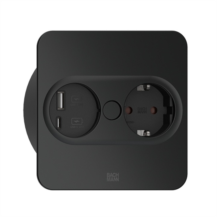 Multipriza incorporabila Bachmann TWIST 2 patrata, 1 priza schuko + USB A+C, cordon 2M, negru mat