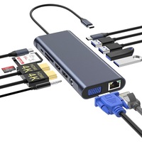 Docking Station USB Type-C 13 in 1, JFYU, 1x USB-C Data Port, 1x TypeC PD Port, 1 RJ45 x 1000Mbps Gigabit Ethernet Port, 2x 4K HDMI, 1 x SD Card Slot, 1x TF Card, 1x VGA Port, 1 x 3.5mm Audio / Mic, USB-C, 13 in 1, 3x USB3.0, 1xUSB2.0, Aluminiu Rezistent