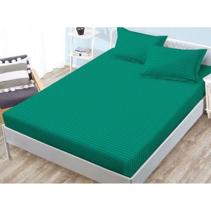 Set husa de pat cu elastic si 2 fete de perna, KDF, damasc, 180x200 cm, verde menta