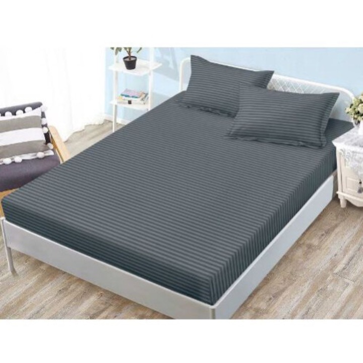 Set husa de pat cu elastic si 2 fete de perna, KDF, damasc, 160x200 cm, gri