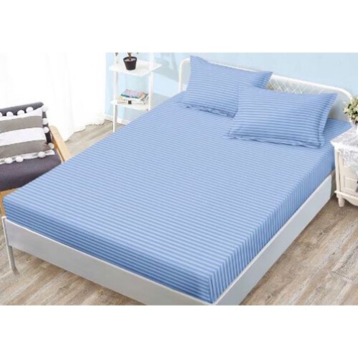 Set husa de pat cu elastic si 2 fete de perna, KDF, damasc, 180x200 cm, bleu