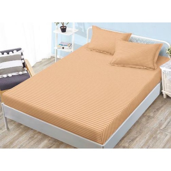 Set husa de pat cu elastic si 2 fete de perna, KDF, damasc, 180x200 cm, somon