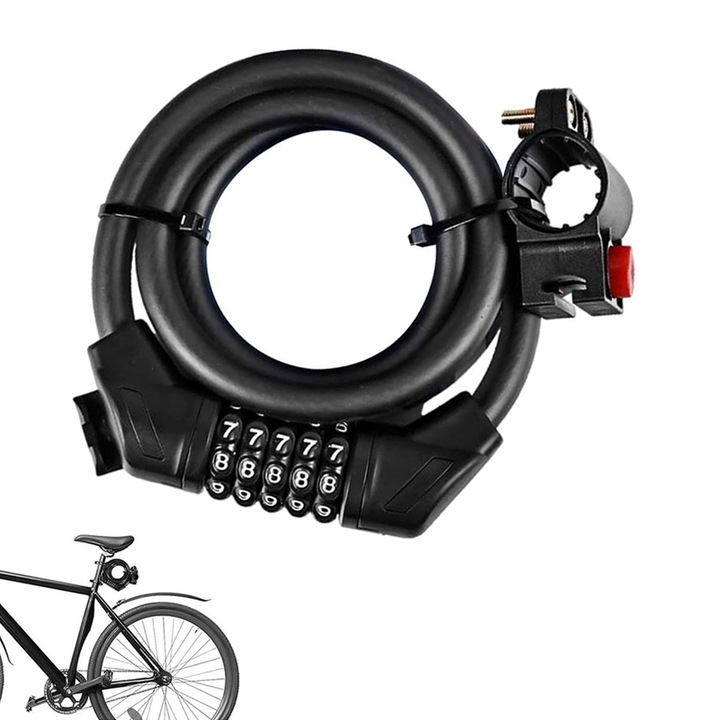Antifurt bicicleta cu cifru din 5 cifre si suport prindere, lungime cablu 110 cm, aliaj otel, PVC, ABS, anti-taiere, anti-gaurire, potrivire universala inclusiv motocicleta, trotineta, MTB, usi