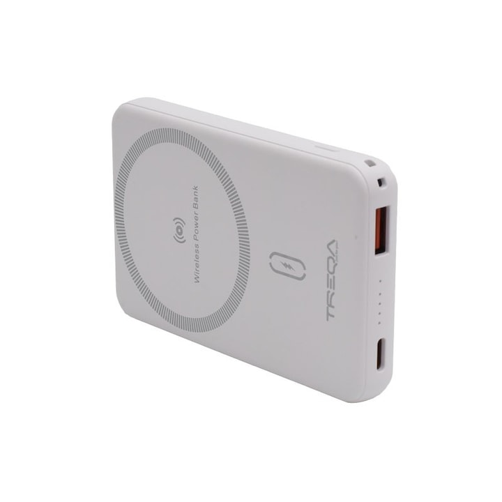 Baterie Externa Power Bank Slim 5000mAh Magnetic Wireless 15W – Incarcator Alb USB pentru Smartphone-uri si Dispozitive Portabile