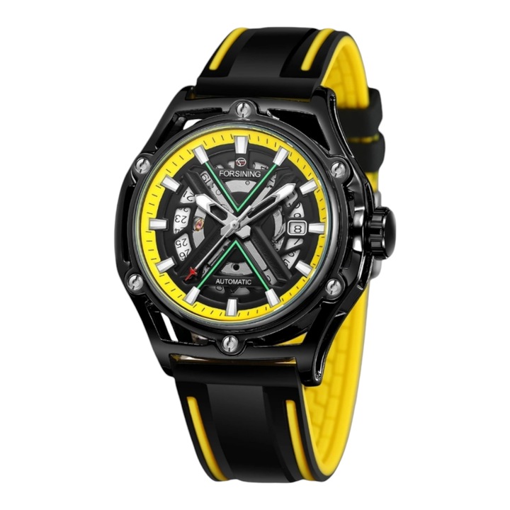 Ceas barbatesc FORSINING, mecanism automat, impermeabil, ace luminescente, calendar, galben