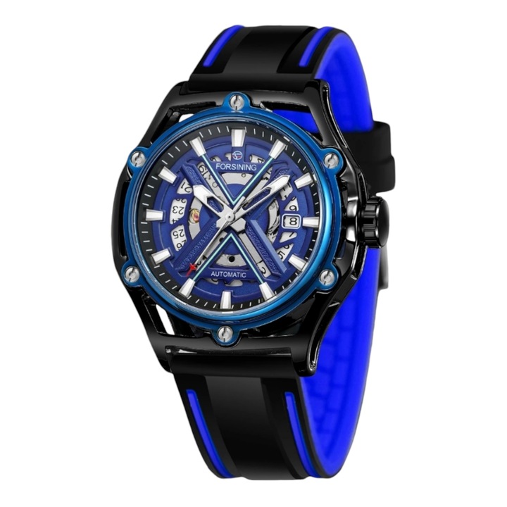 Ceas barbatesc FORSINING, mecanism automat, impermeabil, ace luminescente, calendar, albastru