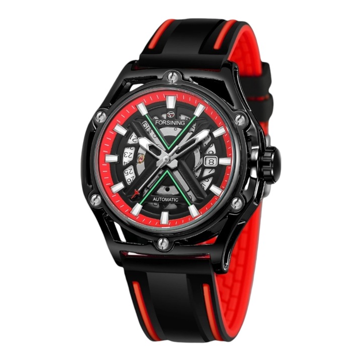 Ceas barbatesc FORSINING, mecanism automat, impermeabil, ace luminescente, calendar, rosu