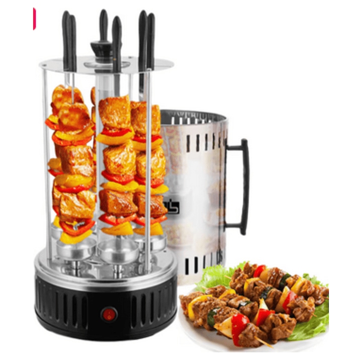 Вертикална електрическа скара, машина за шишчета Kebabs, 1000W, 6 шишчета, 6 чашки за олио, автоматично въртене на 360 градуса, шишчета от неръждаема стомана, бездимна