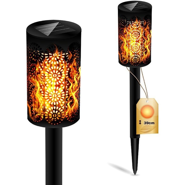 Lampa solara gradina tip torta, MasterLED, efect de flacara, senzor amurg, 1.2W, IP44, inaltime 39 cm