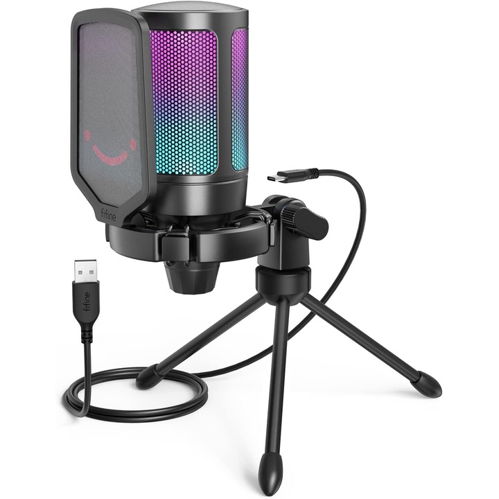 FIFINE A6VB Кондензаторен микрофон за игри, кардиоиден, RGB, стрийминг, подкаст, USB, бързо заглушаване, поп филтър, черен