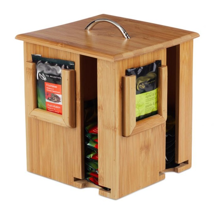 Cutie de ceai rotativa din bambus, 4 compartimente, pentru 160 pliculete, cu rame de prezentare, Kraftpunkt®, 20, 5 x 18 x 18 cm