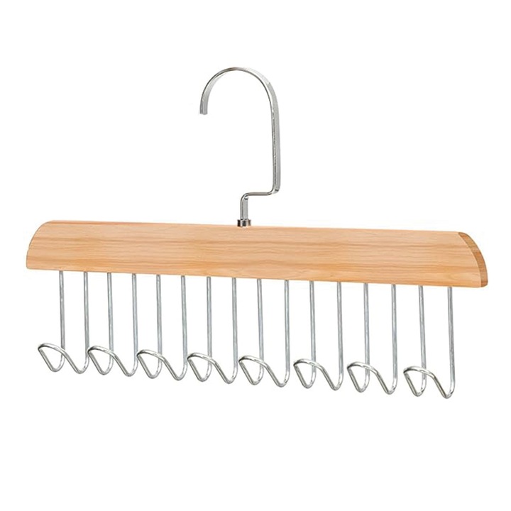 Fa akasztótartó, övrendező, 8 horog, 360°-os elforgatás, fa szín, 28x9x4cm