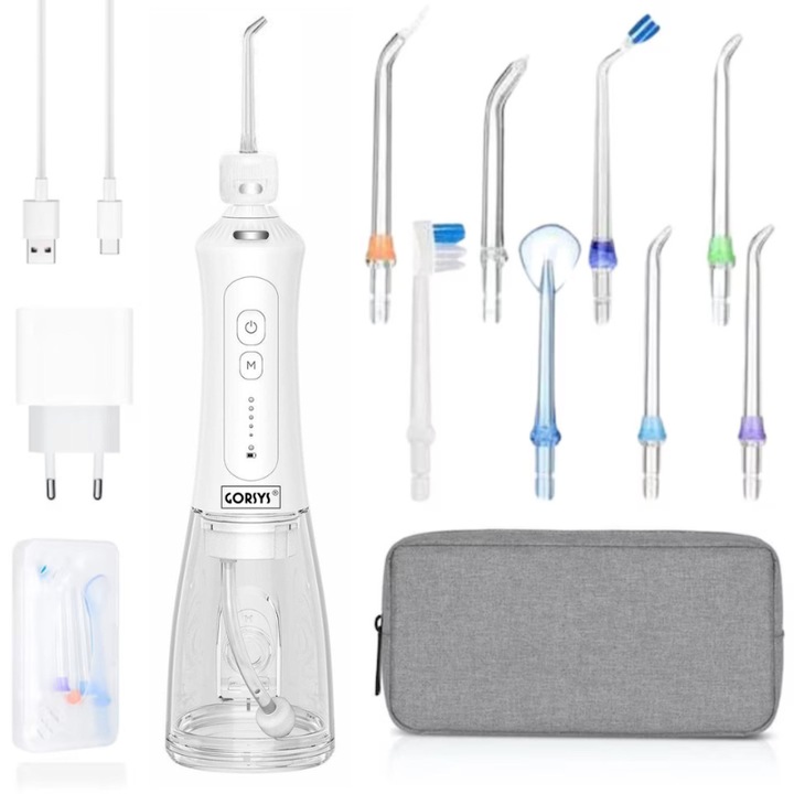 Irigator Oral Profesional Gorsys® Whitening cu Duza Multifunctionala pentru Albire si Improspatare, 5 Trepte de Presiune, Dus Bucal Portabil, 300 ml, Baterie 2500 mAh, Cablu USB-C, Adaptor, Geanta transport, Carcasa si 9x Duze incluse, Alb