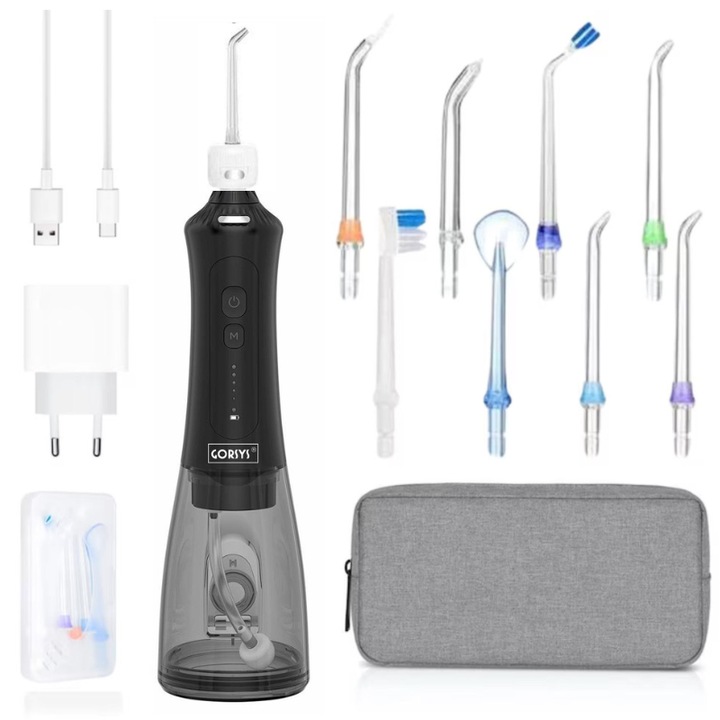 Irigator Oral Profesional Gorsys® Whitening cu Duza Multifunctionala pentru Albire si Improspatare, 5 Trepte de Presiune, Dus Bucal Portabil, 300 ml, Baterie 2500 mAh, Cablu USB-C, Adaptor, Geanta transport, Carcasa si 9x Duze incluse, Negru