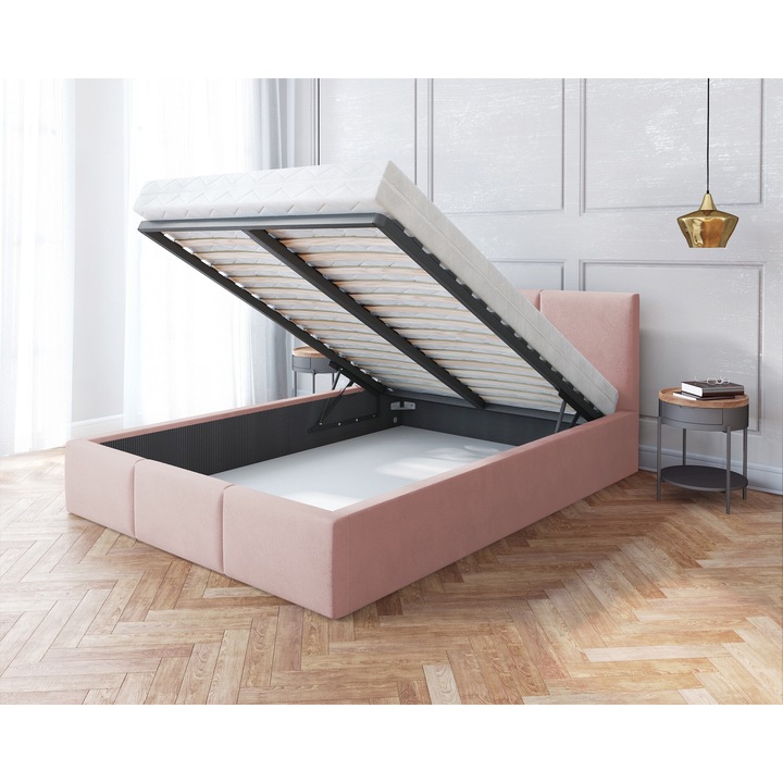 Pat tapitat cu somiera metalica rabatabila, Spijzdrowo, AMBER M, 180x200 cm, culoare roz, fara saltea