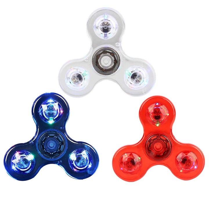 Комплект от 3 играчки спинър Fidget Spinner LED Multicolor, JENUOS, Светеща антистрес, Въртяща се Многоцветна