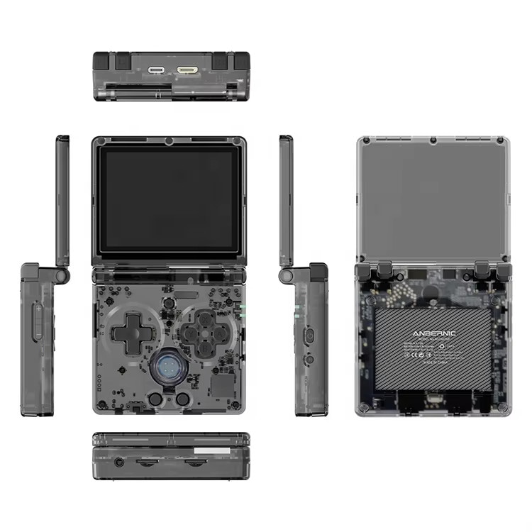 Consola portabila Anbernic RG35XXSP, 10 Emulatoare, design clapita, Ecran 3, 5 INCH IPS, Cortex A53, 3300mAh, 64Gb, Jocuri incluse, Negru Transparent