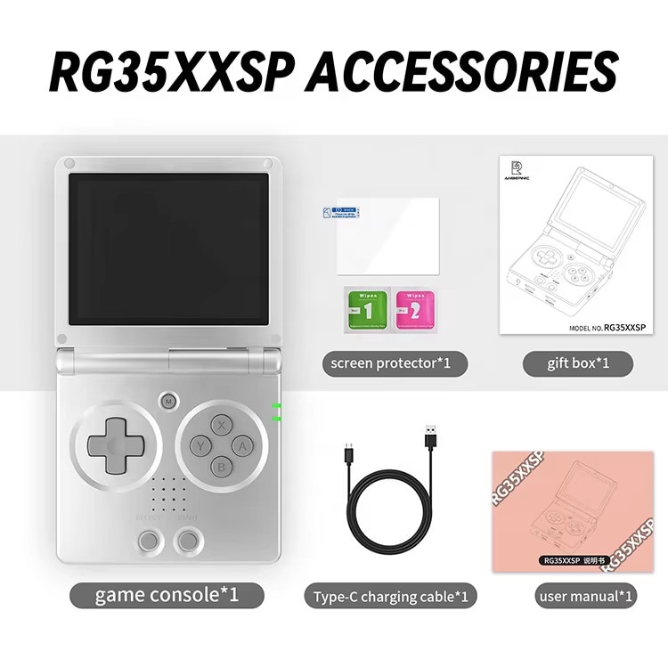 Consola portabila Anbernic RG35XXSP, 10 Emulatoare, design clapita, Ecran 3, 5 INCH IPS, Cortex A53, 3300mAh, 64Gb, Jocuri incluse, Negru Transparent