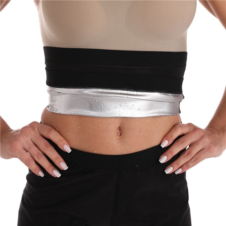 Centura abdominala pentru slabit, tonifiere, modelare si subtiere talie, elastica, cu efect termic pentru transpirat, pentru sala sau perioada postnatala, 24 cm latime, negru, argintiu, S-M