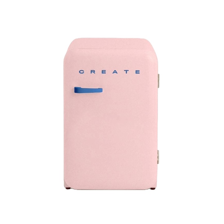 Mini frigider Retro CREATE, capacitate 107 l, H 84 cm, ideal pentru birou/hotel/rulota, congelator 15 litri, temperatura reglabila, 2 rafturi din sticla, 1 raft otel pentru sticle, 3 compartimente pe usa, sertar fructe/legume, maner albastru, roz pastel