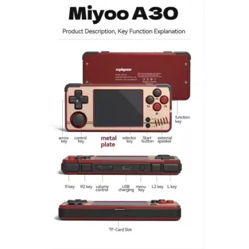 Consola jocuri Miyoo A30 Retro, 64GB, Emulator PS1, 2, 8 inch IPS LCD, 2200mAh, Wireless, Vibratii, USB-C, Gri