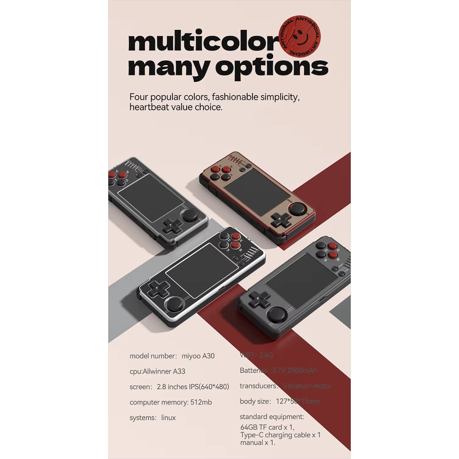 Consola jocuri Miyoo A30 Retro, 64GB, Emulator PS1, 2, 8 inch IPS LCD, 2200mAh, Wireless, Vibratii, USB-C, Gri