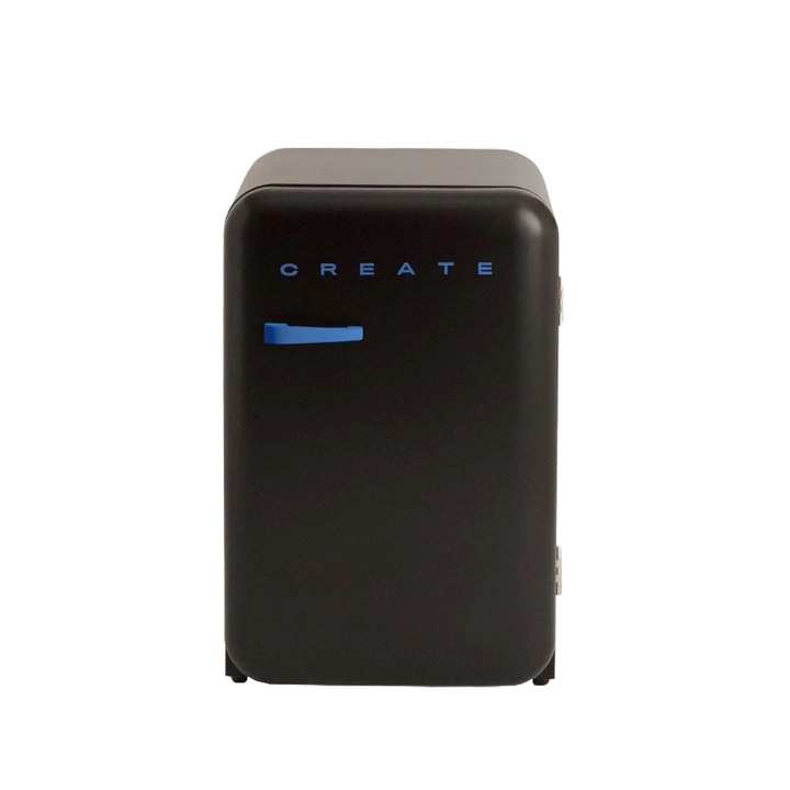 Mini frigider Retro CREATE, capacitate 107 litri, H 84 cm, ideal pentru birou/hotel/rulota, congelator 15 litri, temperatura reglabila, 2 rafturi din sticla, 1 raft otel pentru sticle, 3 compartimente pe usa, sertar fructe/legume, maner albastru, negru