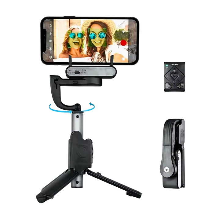 Stabilizator Gimbal pentru Smartphone Er-Tech® iSteady Q – Selfie Stick cu Trepied Ajustabil, Rotire 360°, Telecomanda Wireless, Urmarire a Fetei, Ideal pentru Live Streaming, Fotografie, Vloguri pe iPhone si Android, Universal, Negru