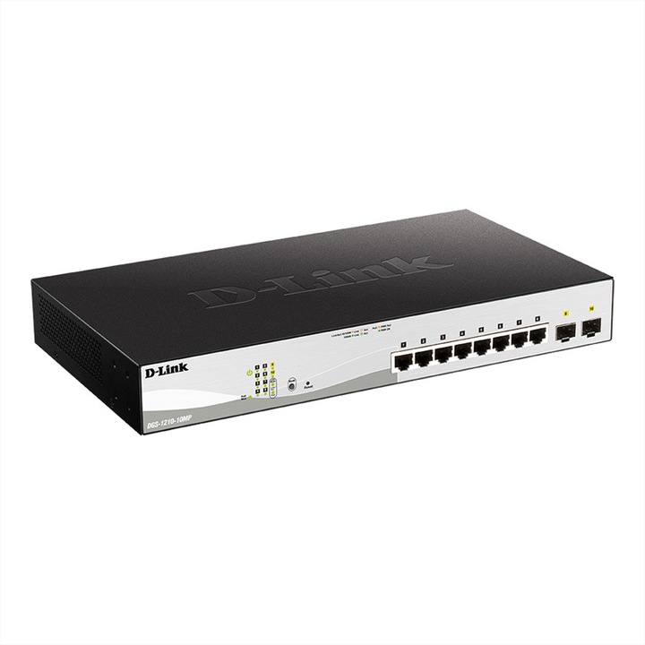 Switch Gigabit D-Link DGS-1210-10MP, 10 porturi 10/100/1000 Mbit/s, 2 porturi SFP, PoE+, 130W, fara ventilator