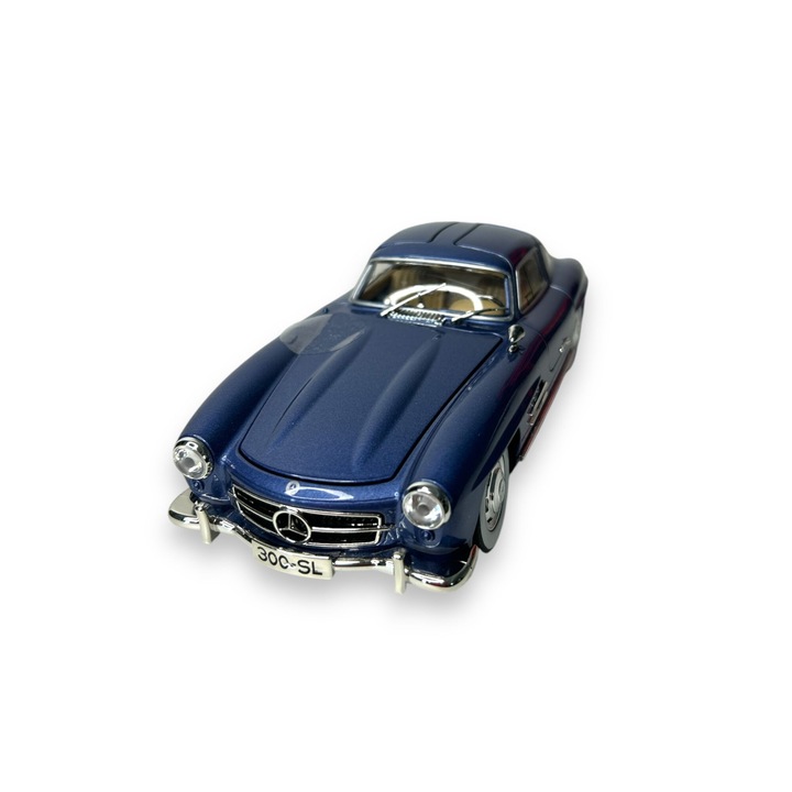 Mercedes-Benz 300 SL autómodell, víz alapú füst, motorhangok és lámpák, ajtónyitás és visszahúzás funkciók, kék, 1:24