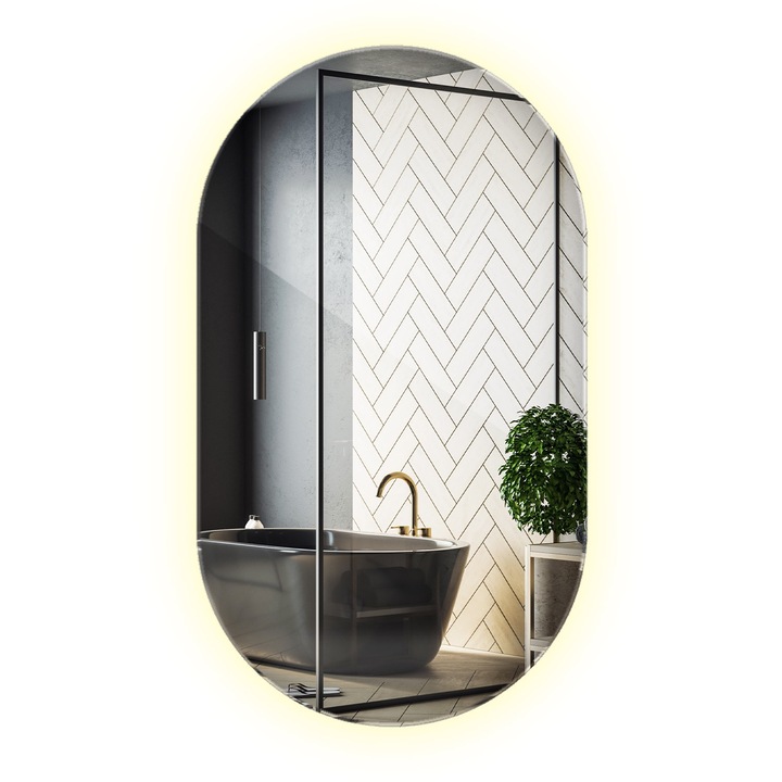 Oglinda LED oval, Decormat, Neutru (4000K), 58 cm x 100 cm, perete, 010390550321500000000