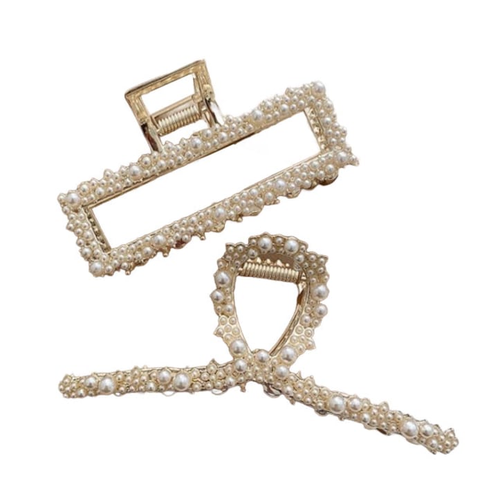 2 db gyöngyös hajcsat készlet, 8,9x10,5 cm, arany színű