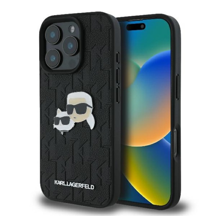 Husa pentru Apple iPhone 16 Pro Karl Lagerfeld monogram karl & choupette head pin black