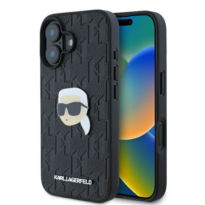 IPhone 16 tok – Karl Lagerfeld Hardcase Leather Monogram (KLHCP16SPGKLKIPK) – Karl Head Pin