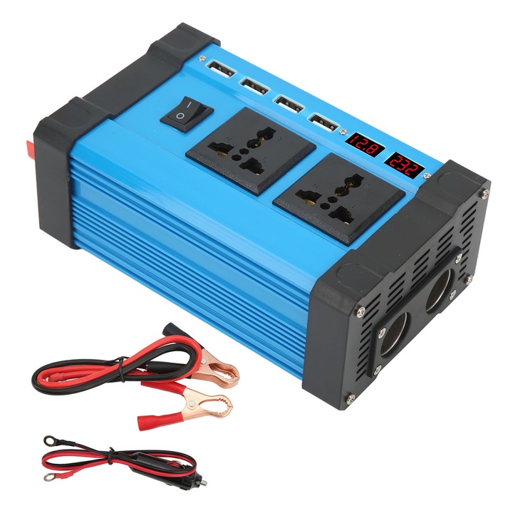Jormftte 300W autós inverter 4 USB porttal, kettős LCD kijelzővel, túlterhelés elleni védelemmel, 12V-110V