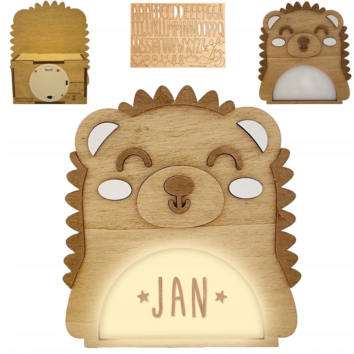 Veioza LED de noapte pentru copii, Vintiun, Arici, LSA01, Lampa spaniola, din lemn de padure, cu autocolante pentru personalizare cu litere si imagini, pe baterii sau USB